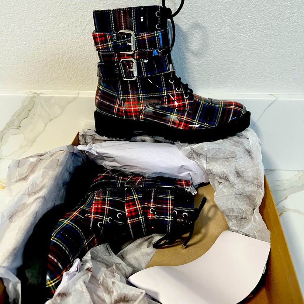 Jessica Simpson Kerina 2 Blue Combo Academy Plaid Combat Boots.